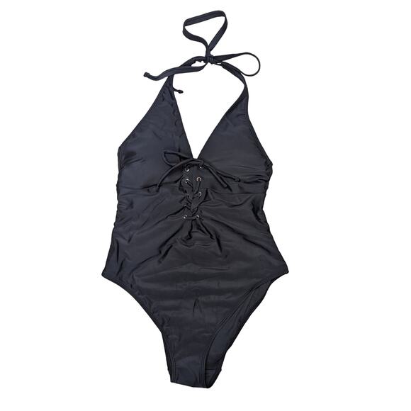 Adore Me One Piece Lace Up Halter One Piece Swimsuit Black Large - Picture 1 of 9